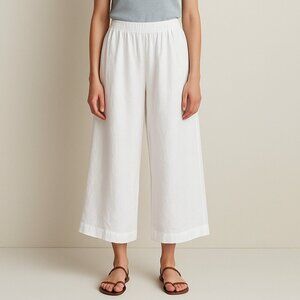 Eskandar Linen Cropped Pants White Wide Leg Elastic Waist Lagenlook Size 1